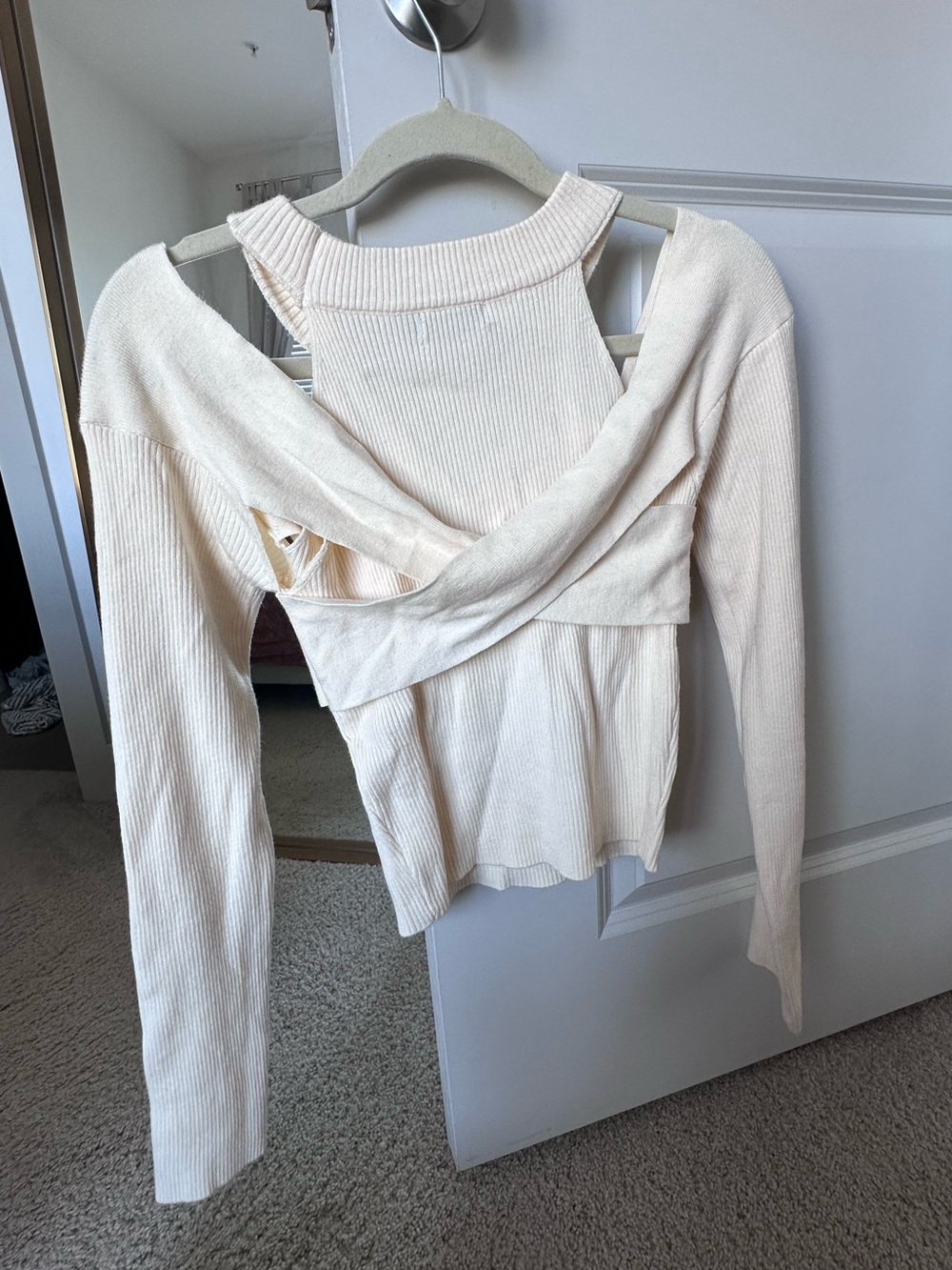 SHEIN Cream Ribbed Crossback Long Sleeve Top